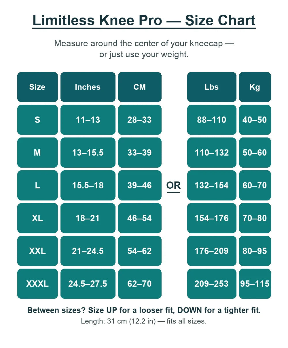 Limitless Knee Pro size chart
